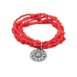 Red Beaded Bracelet with Silver Charm